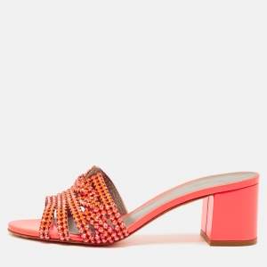 Pre Owned Gina Orange Patent Leather Crystal Embellish Arizona Slide Sandals Size 36.5