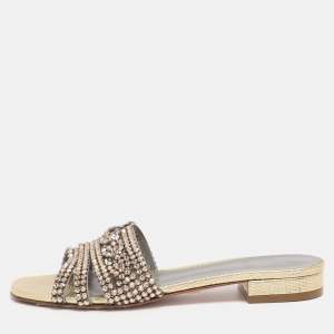 Pre Owned Gina Gold Leather Crystal Embellished Flat Slide Sandals Size 38.5