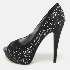 Pre Owned Gina Black Crystal Embellished Satin Open Toe Platform Pumps Size 39