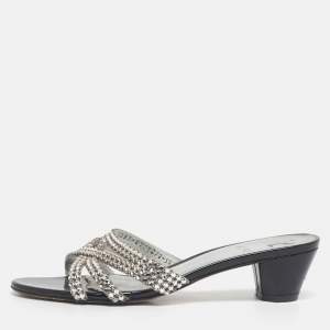 Pre Owned Gina Silver Leather Crystal Embellished Slide Sandals Size 38.5