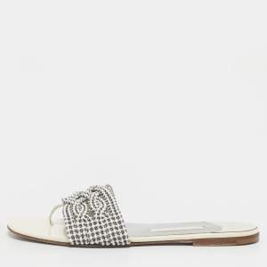 Pre Owned Gina White Leather Loren Flat Slide Size 40.5