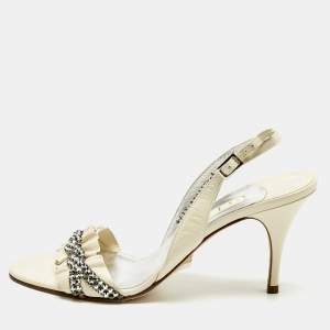 Pre Owned Gina Cream Leather Crystal Embellish Slingback Sandals Size 41