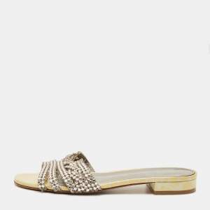 Pre Owned Gina Silver Leather Crystal Embellished Flat Slide Size 40