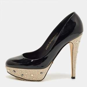 Pre Owned Gina Black Patent Leather  Crystal Embellished Platform Pumps Size 37