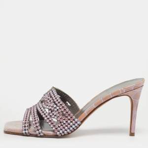 Pre Owned Gina Purple Croc Embossed Leather Slide Crystal Embellished Slide Sandals Size 37.5
