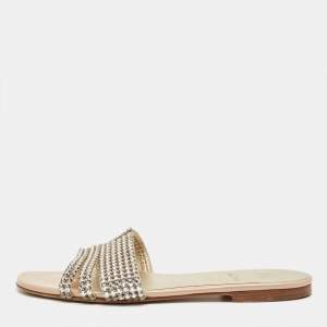 Pre Owned Gina Silver Leather Crystal Embellished Flat Slide Size 37