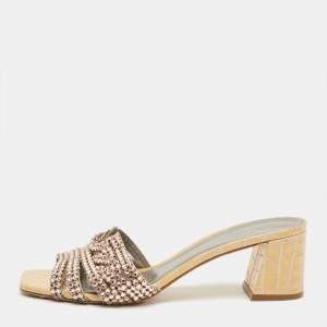 Pre Owned Gina Beige Croc Embosse and Leather Crystal Embellished Loren Slide Sandals Size 39