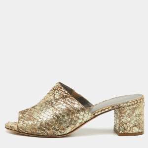 Pre Owned Gina Metallic Beige Snakeskin Leather Block Heel Slide Sandals Size 38