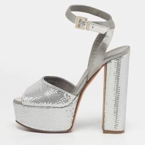 Pre Owned Gina Grey Satin and Sequins Platform Ankle Strap Sandals Size 36.5