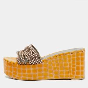 Pre Owned Gina Yellow Croc Embossed Patent Leather Crystal Wedge Platform Sandals Size 40.5