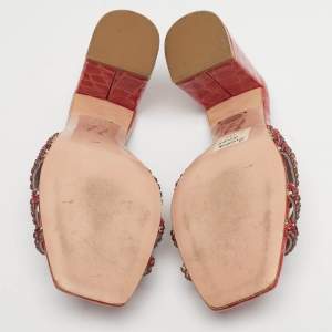 Pre Owned Gina Red Leather Crystal Embellished Slide Sandals Size 36