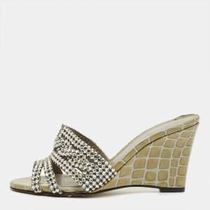 Pre Owned Gina Grey Croc Embossed Leather and Leather Rodeo Wedge Slide Sandals Size 36.5