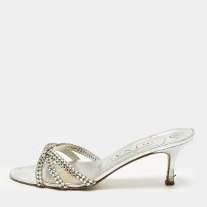 مملوكة مسبقًا صندل سلايد جينا جلد أرجواني/أخضر مزخرف كريستال مقاس 40