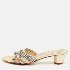 Pre Owned Gina Size 38.5 Metallic Leather Crystal Embellished Slide Sandals