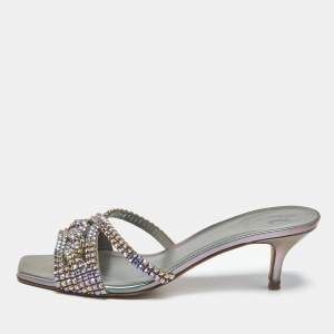 مملوكة مسبقًا Gina Size 38.5 Silver Leather Crystal Embellished Slide Sandals