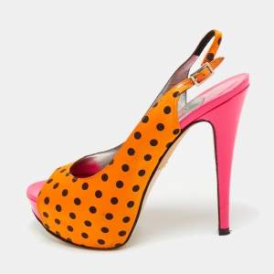 Pre Owned Gina Size 38 Gold/Black Polka Dot Satin Slingback Sandals