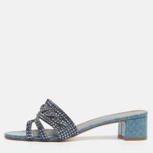 Pre Owned صندل جينا روديو جلد أزرق منقوش كروك شريحة مقاس 42