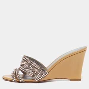 Pre Owned Gina Syracuse Size 39.5 Beige Leather Crystal Embellished Wedge Sandals