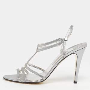 مملوكة مسبقًا Gina Size 40.5 Silver Leather Slingback Sandals