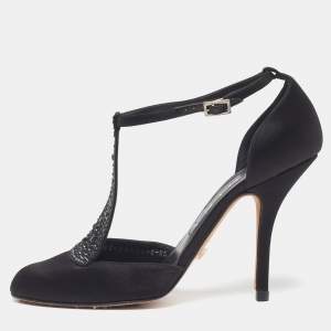 Pre Owned حذاء كعب عالي جينا ساتان رمادي بزخارف كريستال وحزام على الكاحل على شكل حرف T مقاس 37