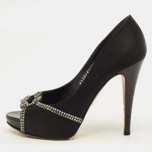 Pre Owned Gina Size 38 Black Satin Crystal Embellished Platform Pumps