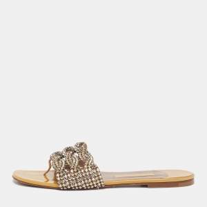 Pre Owned Gina Aurora Size 39.5 Gold Leather Crystal Embellished Thong Flat Slide