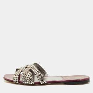 Pre Owned Gina Orion Size 38 Burgundy Leather Crystal Embellished Flat Slide Sandals