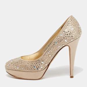Pre Owned Gina Size 38 Gold Satin Crystal Embellished Platform Pumps