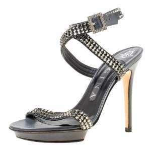 Gina Dark Grey Crystal Embellished Leather Cross Ankle Strap Sandals Size 37