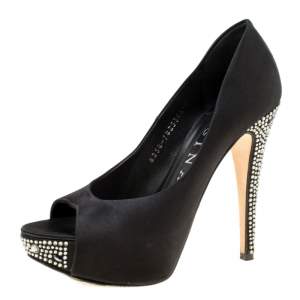 Gina Black Satin Crystal Embellished Peep Toe Platform Pumps Size 37 