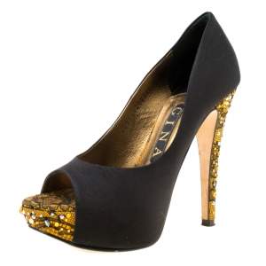 مملوكة مسبقًا Gina Black Crystal Embellished Satin Peep Toe Platform Pumps Size 36
