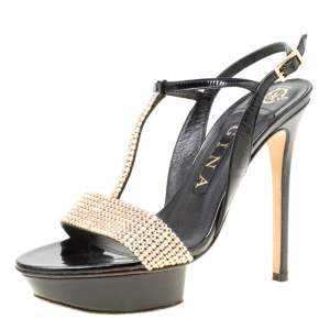 Gina Black Patent Leather Crystal Embellished Platform Sandals Size 37