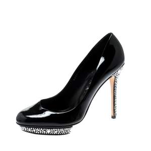 Gina Black Patent Leather Crystal Embellished Heel Platform Pumps Size 41
