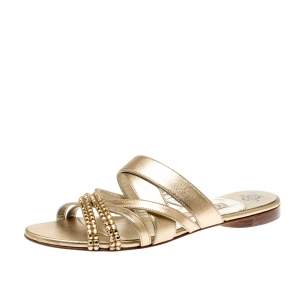 Pre Owned Gina Metallic Gold Leather Embellished Flat Sandals Size 38
