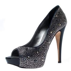 Pre Owned حذاء كعب عالي جينا مزخرف كريستال مقدمة مفتوحة نعل سميك ساتان أزرق مقاس 40