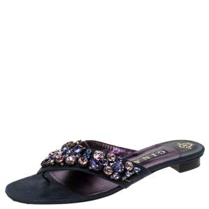 Pre Owned Gina Metallic Blue Nubuck Crystal Emebllished Thong Flat Sandals Size 41