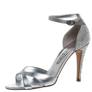 Gina Silver Leather And Satin Crystal Embellished Heel Ankle Strap Sandals Size 40