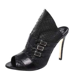 Gina Black Python and Leather Buckle Detail Peep Toe Mules Size 39