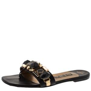 Pre Owned Gina Black Leather Crystal Embellished Flat Slides Size 38