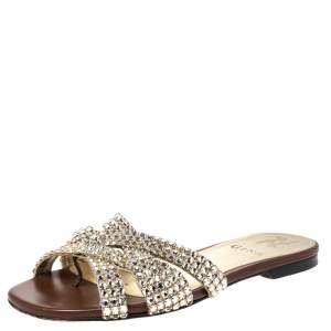 Pre Owned Gina Brown Crystal Embellished Leather Criss Cross Flats Size 36