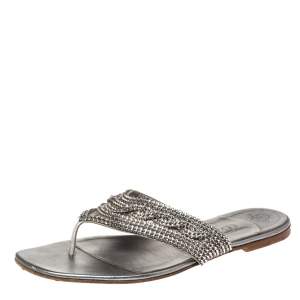 Pre Owned Gina Silver Crystal Embellished Leather Thong Flats Size 38.5