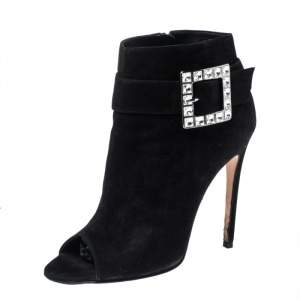 Pre Owned Gina Black Suede Crystal Embellished Buckle Peep Toe Ankle Boots Size 40
