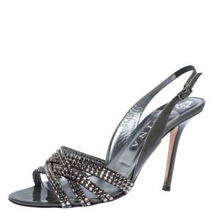 Gina Dark Grey Patent Leather Crystal Embellished Slingback Sandals Size 40.5