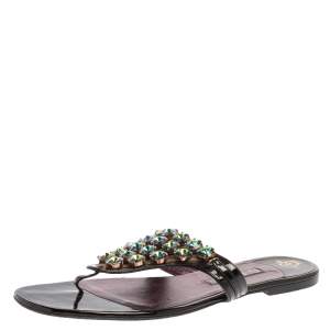 Pre Owned Gina Black Patent Leather Crystal Embellished Thong Flats Size 41