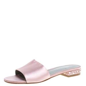 Pre Owned Gina Pink Satin Crystal Embellished Flat Slides Size 38