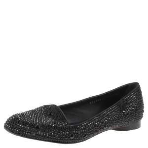 Pre Owned Gina Black Crystal Embellished Satin Ballet Flats Size 37.5