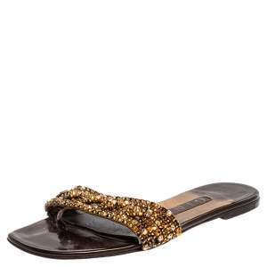 Pre Owned Gina Brown/Gold Crystal Embellished Athena Slides Size 37.5