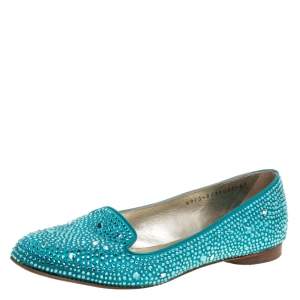 مملوكة مسبقًا Gina Blue Crystal Embellished Satin Smoking Slippers Size 37.5