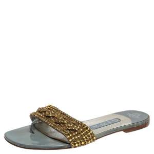 Pre Owned Gina Blue/Gold Crystal Embellished Patent Leather Athena Slide Flats Size 37.5