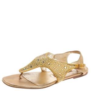 Gina Gold Satin Crystal Embellished Thong Flats Size 38